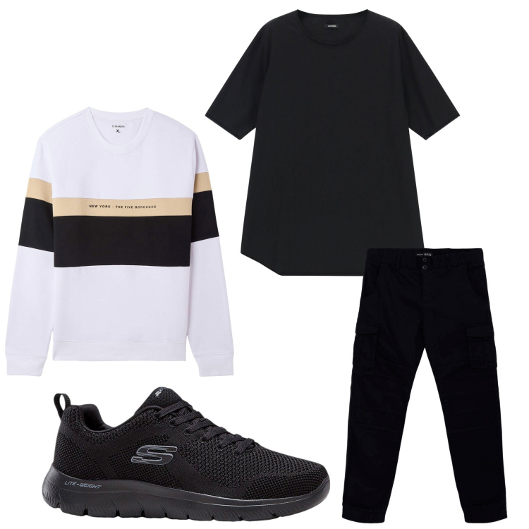 Outfit uomo - Comodamente. Stile Casual per Tutti i giorni. Abbinamento con sneakers, felpe con cappuccio, pantaloni cargo, t-shirt.