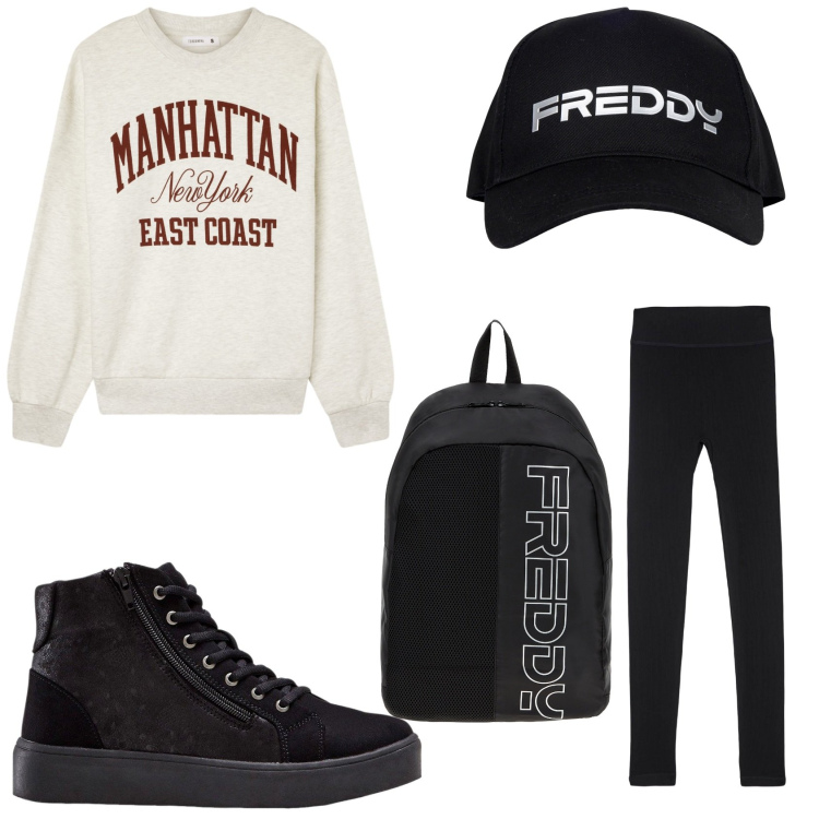 Outfit donna - Gita fuori porta. Stile Sporty chic per Sport. Abbinamento con sneakers alte, leggings, felpe, zaini, cappelli.