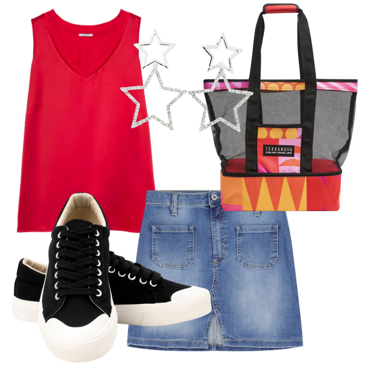Outfit donna - Vivace e giovane. Stile Basic per Tutti i giorni. Abbinamento con orecchini, borse tote, minigonne, sneakers, top.