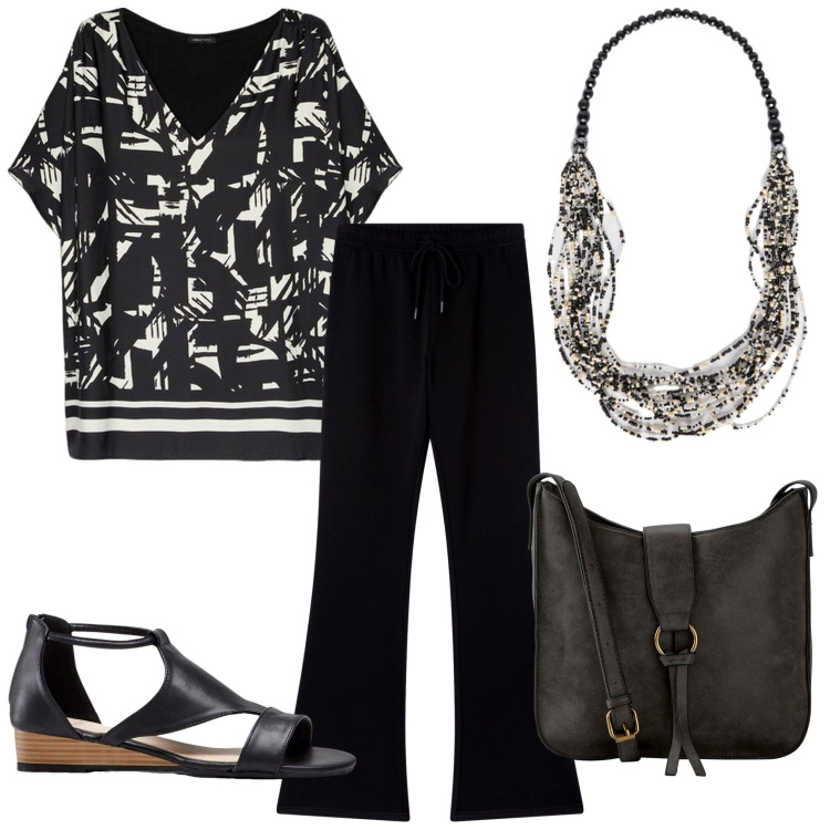 Outfit donna - Il pantalone a zampa. Stile Casual per Tutti i giorni. Abbinamento con borse a tracolla, sandali, pantaloni, collane, bluse.