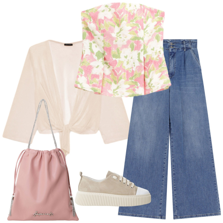 Outfit donna - Floreale. Stile 70s per Tutti i giorni. Abbinamento con jeans, sneakers, borse a secchiello, top, bolero.
