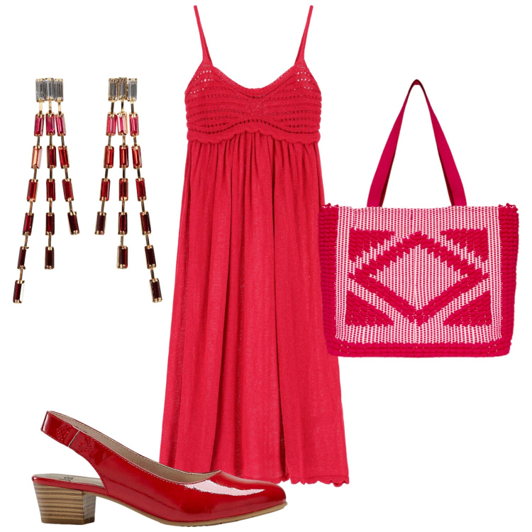 Outfit donna - Rosso estate. Stile Trendy per Tutti i giorni. Abbinamento con décolleté, orecchini, vestiti, borse a mano.