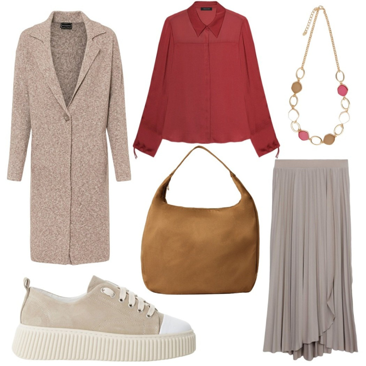 Outfit donna - Total look #2251528. Stile Chic per Ufficio. Abbinamento con cappotti, gonne lunghe, borse a mano, sneakers, camicie, collane.