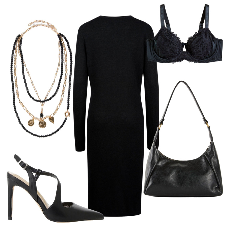 Outfit donna - Il tubino nero. Stile Trendy per Serata fuori. Abbinamento con borse a mano, reggiseni, décolleté, vestiti midi/longuette, collane.