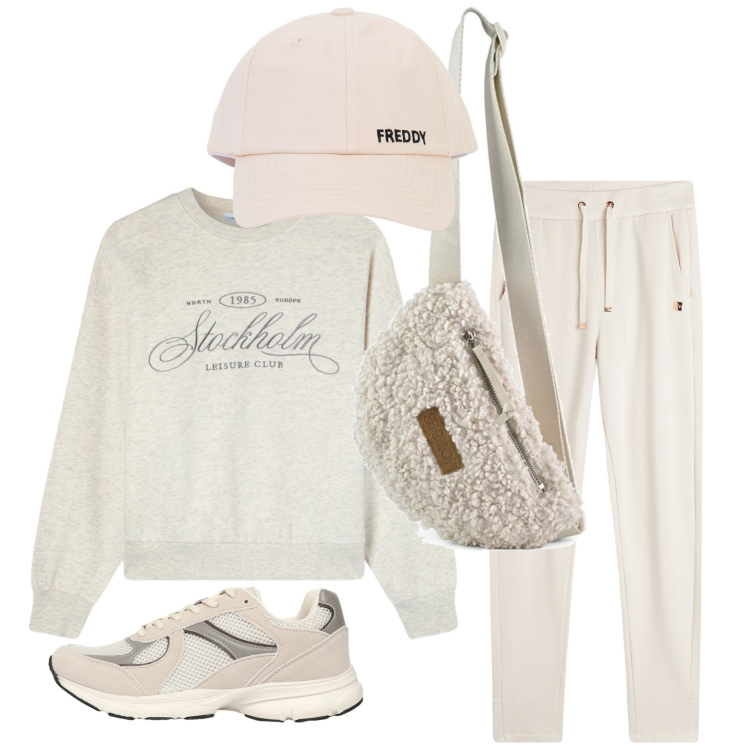 Outfit donna - Comoda in tuta. Stile Sporty chic per Sport. Abbinamento con felpe, sneakers, pantaloni, cappelli con visiera, marsupi.