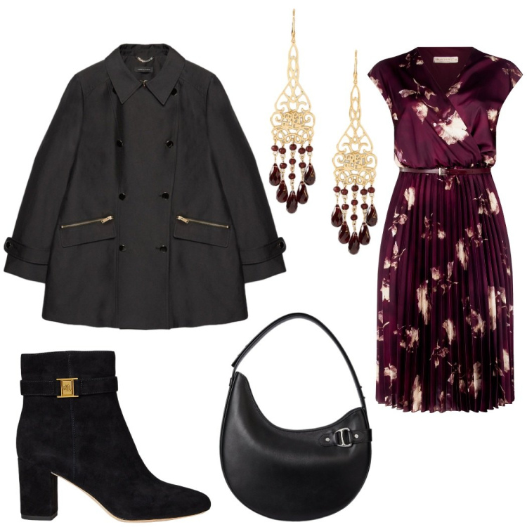 Outfit donna - Abito fantasia. Stile Chic per Ufficio. Abbinamento con vestiti midi/longuette, orecchini, borse a spalla, stivaletti, trench.