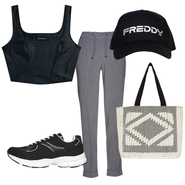 Outfit donna - Per la palestra. Stile Sporty chic per Sport. Abbinamento con pantaloni, sneakers, top, cappelli, shopping bag.