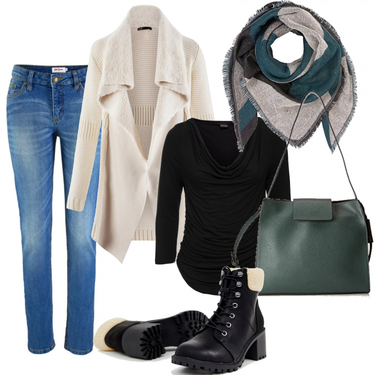 Outfit donna - Qualcosa di verde. Stile Basic per Tutti i giorni. Abbinamento con jeans skinny, maglia con scollo a maniche 3/4, cardigan, borsa a spalla verde e nero, sciarpa, stivaletti con stringhe nero.