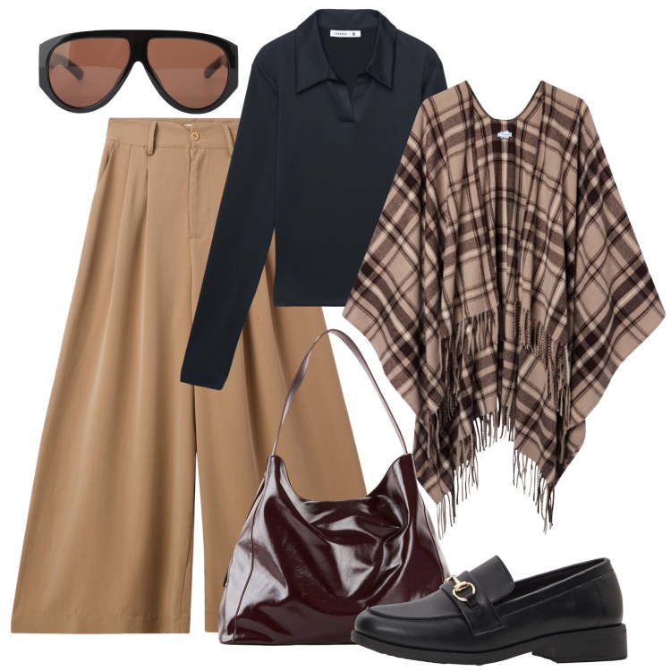 Outfit donna - Un poncho versatile. Stile Trendy per Tutti i giorni. Abbinamento con mocassini, shopping bag, pantaloni, cappotti, polo, occhiali da sole.