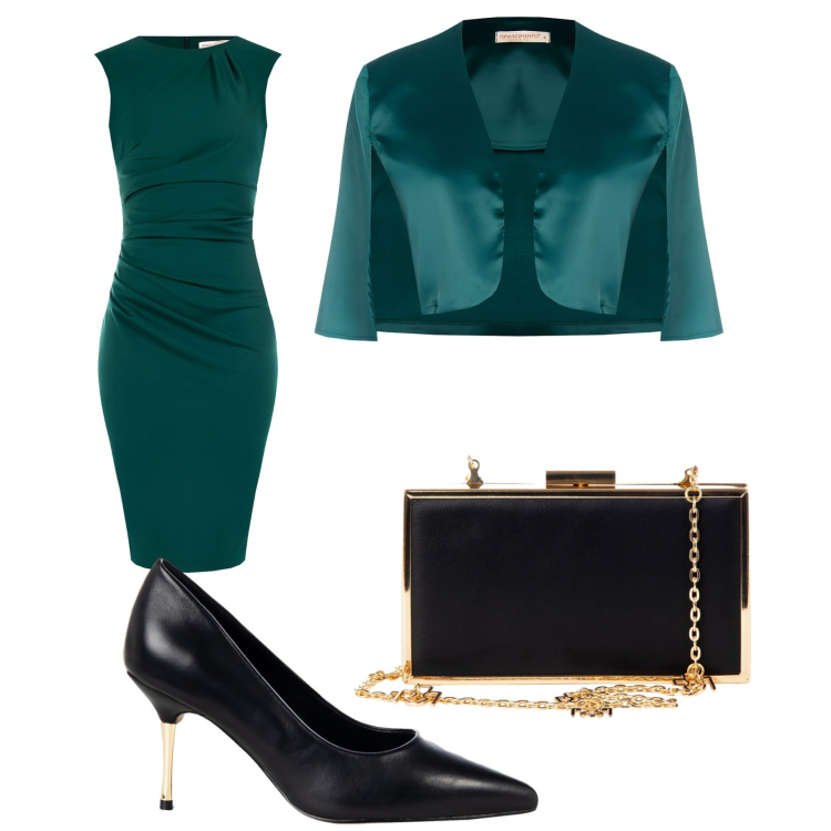 Outfit donna - Cerimonia in verde petrolio. Stile Bon Ton per Cerimonia. Abbinamento con vestiti a tubino, décolleté, pochette, bolero.