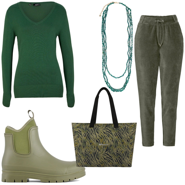 Outfit donna - Verde per l\'autunno. Stile Basic per Tutti i giorni. Abbinamento con pantaloni, maglieria, shopping bag, stivali, collane.