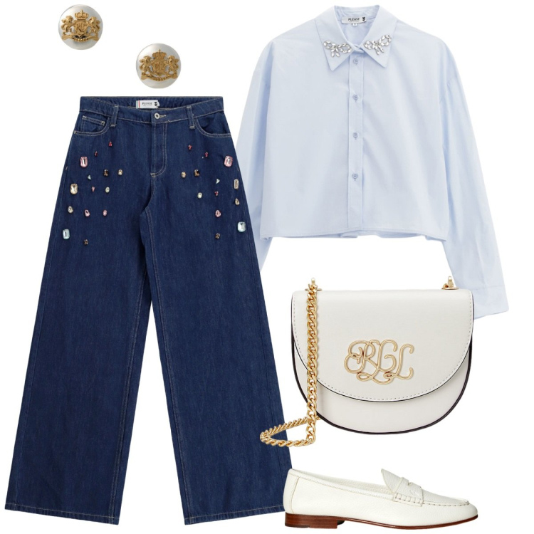 Outfit donna - Casual chic. Stile Casual chic per Tutti i giorni. Abbinamento con jeans, camicie, orecchini, borse a tracolla, mocassini.