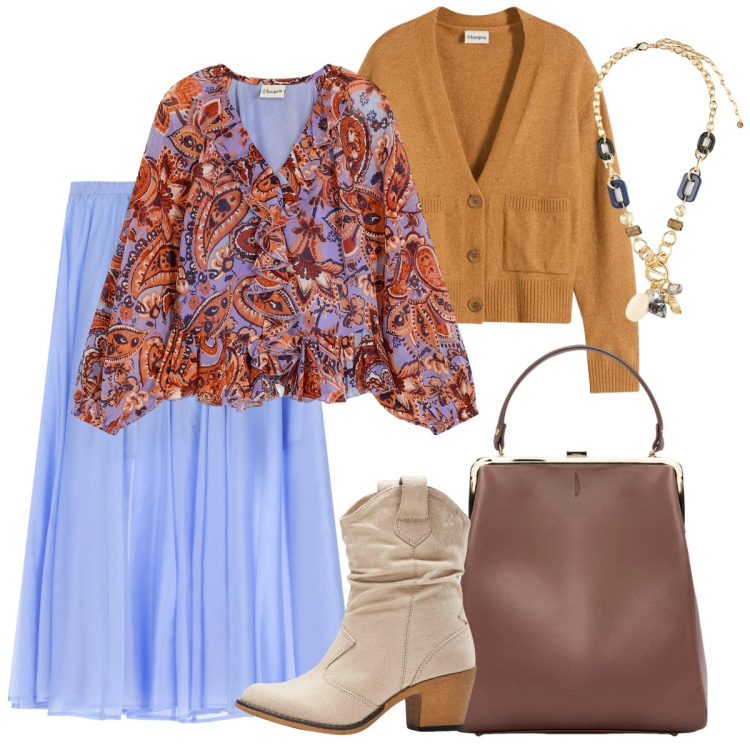 Outfit donna - Stile country. Stile Etnico per Tutti i giorni. Abbinamento con stivaletti texani, bluse, cardigans, pantaloni, collane, borse a spalla.
