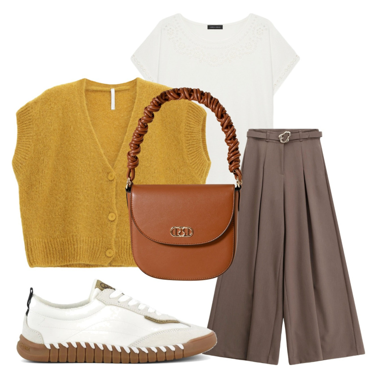 Outfit donna - Stile autunnale. Stile Casual per Tutti i giorni. Abbinamento con borse a mano, pantaloni, cardigans, sneakers, t-shirt.