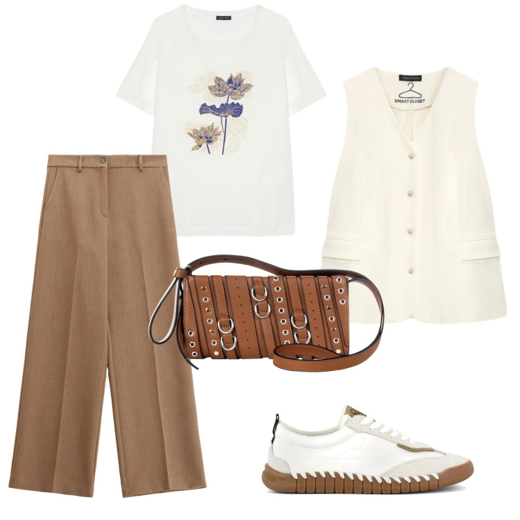 Outfit donna - Bianco e cammello. Stile Basic per Tutti i giorni. Abbinamento con borse a spalla, pantaloni, sneakers, gilet, t-shirt.