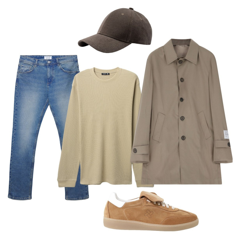 Outfit uomo - In città. Stile Urban per Tutti i giorni. Abbinamento con maglieria, jeans dritti, trench, sneakers, cappelli con visiera.