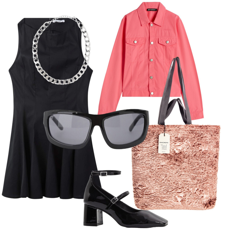 Outfit donna - Shopping domenicale. Stile Trendy per Tutti i giorni. Abbinamento con décolleté, collane, vestiti corti, borse tote, occhiali da sole, blazer.