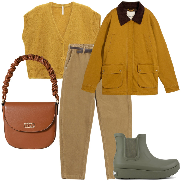 Outfit donna - Benvenuto autunno e i tuoi colori. Stile Trendy per Tutti i giorni. Abbinamento con parka, borse a mano, pantaloni chino, cardigans, stivali.