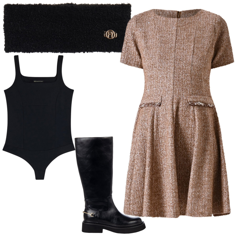 Outfit donna - Abito bon ton autunnale. Stile Bon Ton per Ufficio. Abbinamento con stivali sopra il ginocchio, vestiti corti, body, fasce per capelli.