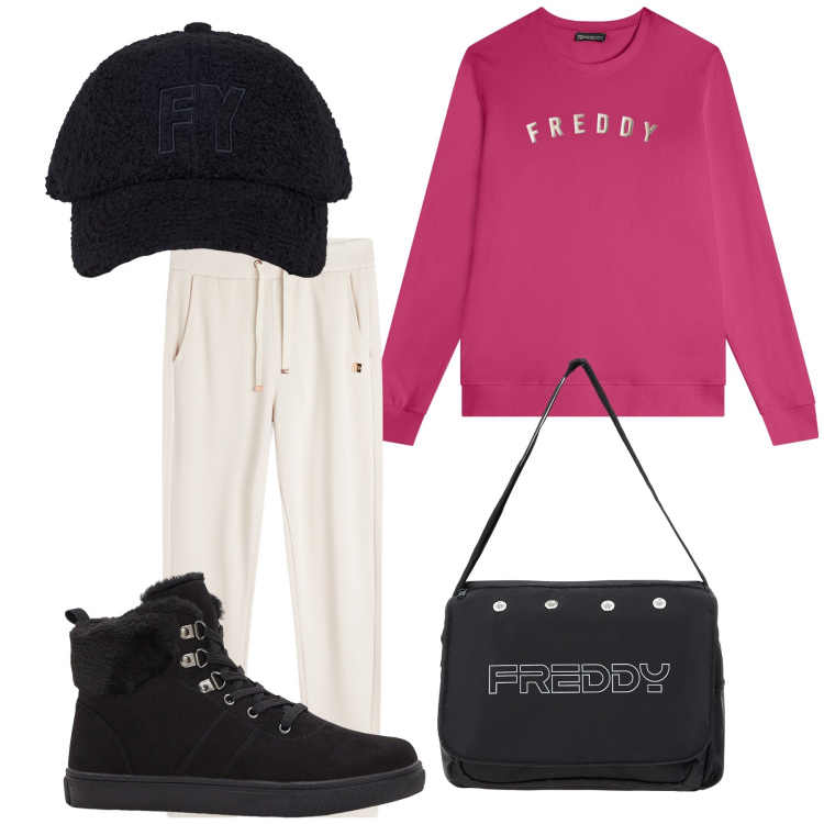 Outfit donna - Freddy per ogni giorno. Stile Casual chic per Tutti i giorni. Abbinamento con sneakers alte, borse messenger, felpe, pantaloni, cappelli.
