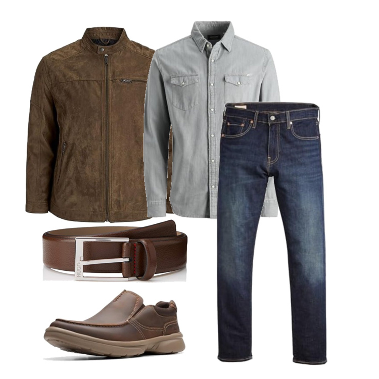 Outfit homme - Septembre. Style Casual pour Tous les jours. Assortir avec vestes, chemisiers, jeans, chaussures à lacets, ceintures.