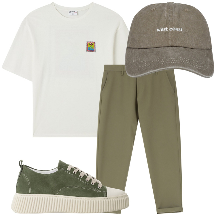 Outfit uomo - Il mio outfit in verde. Stile Trendy per Tutti i giorni. Abbinamento con t-shirt, cappelli, pantaloni chino, sneakers.