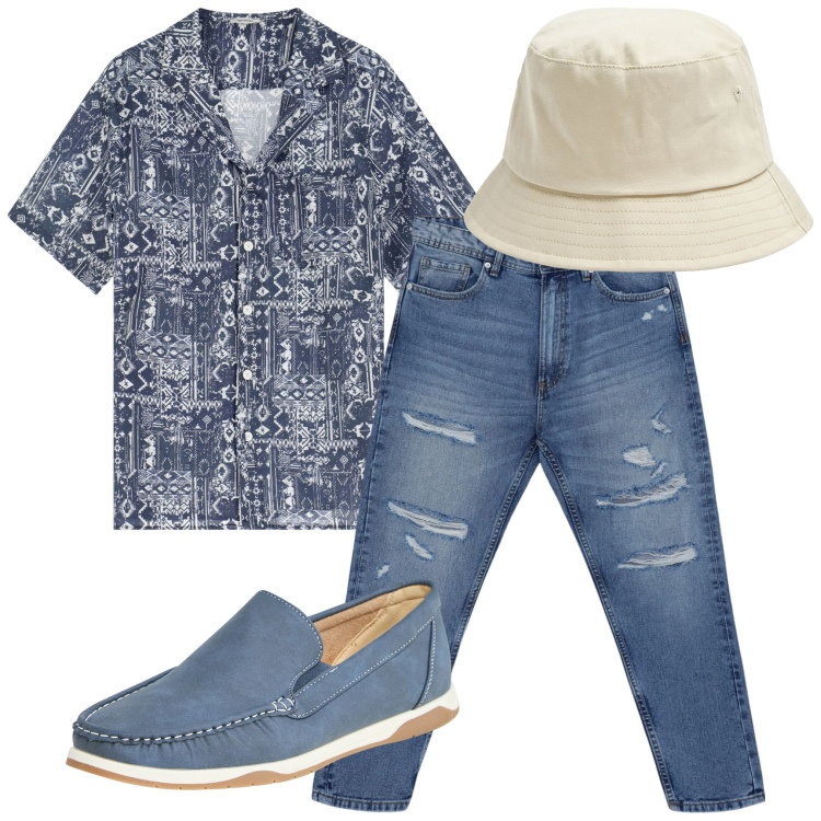Outfit uomo - Ancora caldo. Stile Trendy per Tutti i giorni. Abbinamento con cappelli, scarpe stringate, jeans strappati, camicie a manica corta.