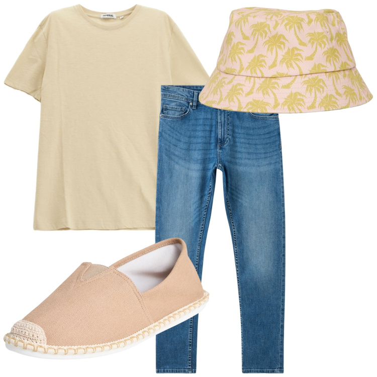 Outfit uomo - Ancora caldo 2. Stile Trendy per Tutti i giorni. Abbinamento con espadrillas, jeans skinny, cappelli con visiera, t-shirt.