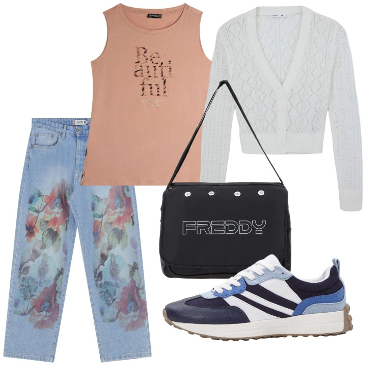 Outfit donna - Passeggiata in centro. Stile Casual chic per Tutti i giorni. Abbinamento con sneakers, cardigans, jeans dritti, borse messenger, canottiere.