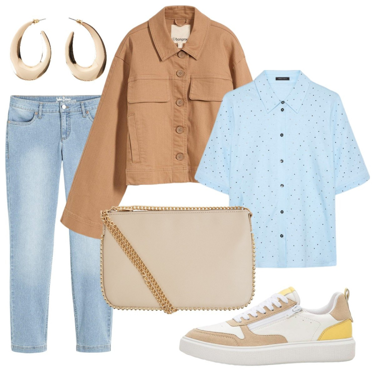 Outfit donna - In centro. Stile Casual chic per Tutti i giorni. Abbinamento con jeans dritti, orecchini, sneakers, blazer, borse a tracolla, camicie a manica corta.