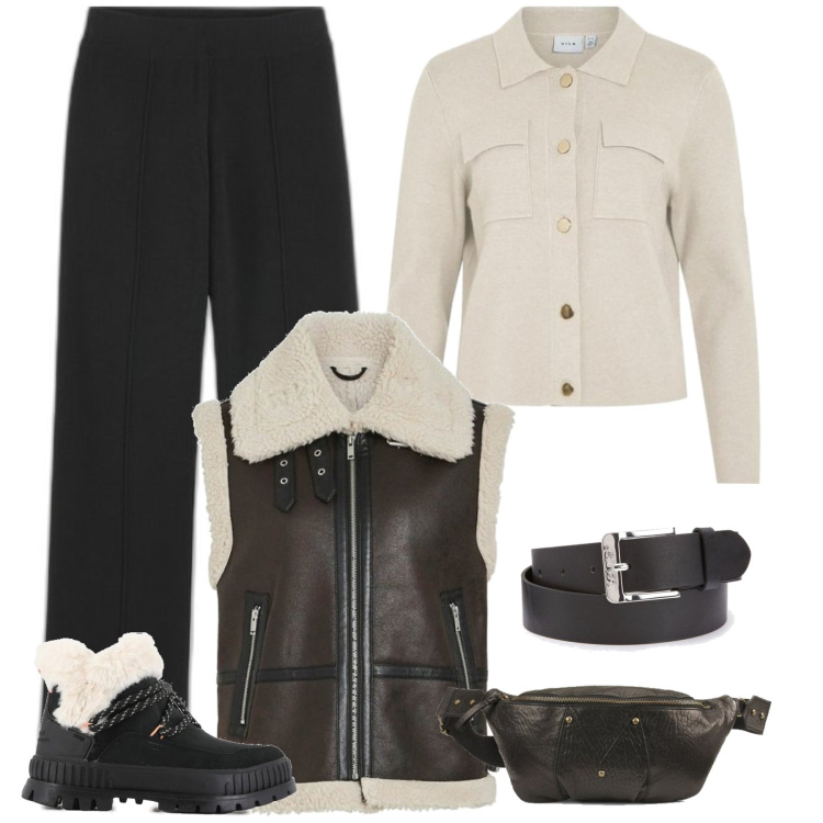 Outfit mujer - Frio de ciudad. Estilo Trendy para Todos los días. Combinación con cinturones, chalecos, cárdigans, pantalones, riñoneras, botas.
