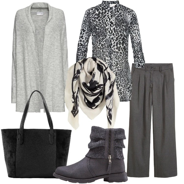 Outfit donna - Passeggiata in centro la domenica. Stile Casual chic per Tutti i giorni. Abbinamento con stivaletti, shopping bag, camicie, cardigans, foulard, pantaloni a palazzo.