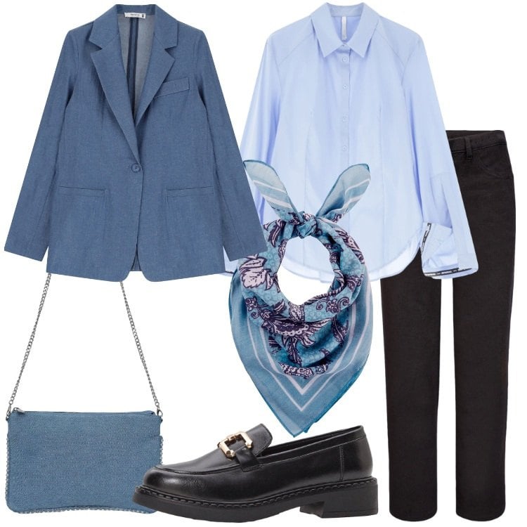 Outfit donna - Passeggiata in centro la domenica. Stile Basic per Tutti i giorni. Abbinamento con foulard, mocassini, borse a tracolla, blazer, camicie, pantaloni.