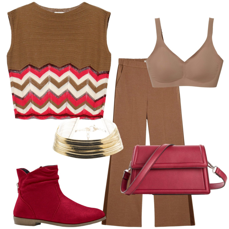 Outfit donna - Geometra. Stile Trendy per Ufficio. Abbinamento con stivaletti, borse a tracolla, pantaloni, reggiseni, maglieria, braccialetti.
