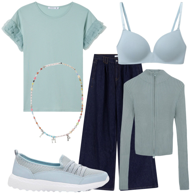 Outfit donna - Mi va una passeggiata. Stile Basic per Tutti i giorni. Abbinamento con sneakers, reggiseni, t-shirt, cardigans, jeans, collane.