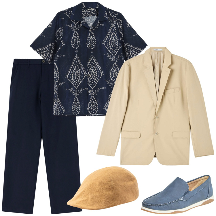 Outfit uomo - Serata con te. Stile Trendy per Serata speciale. Abbinamento con giacche, scarpe stringate, pantaloni, camicie a manica corta, cappelli con visiera.