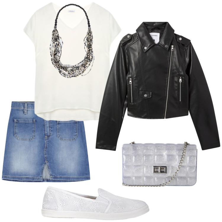 Outfit donna - Passeggiata domenicale. Stile Casual chic per Tutti i giorni. Abbinamento con ballerine, giacche, borse a tracolla, minigonne, collane, bluse.