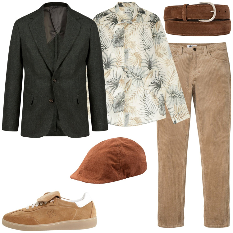 Outfit uomo - Cognac e green. Stile Trendy per Tutti i giorni. Abbinamento con pantaloni, sneakers, camicie, cinture, giacche, cappelli con visiera.