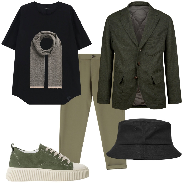 Outfit uomo - Mix and go. Stile Trendy per Serata speciale. Abbinamento con cappelli, sciarpe, pantaloni chino, t-shirt, sneakers, giacche.