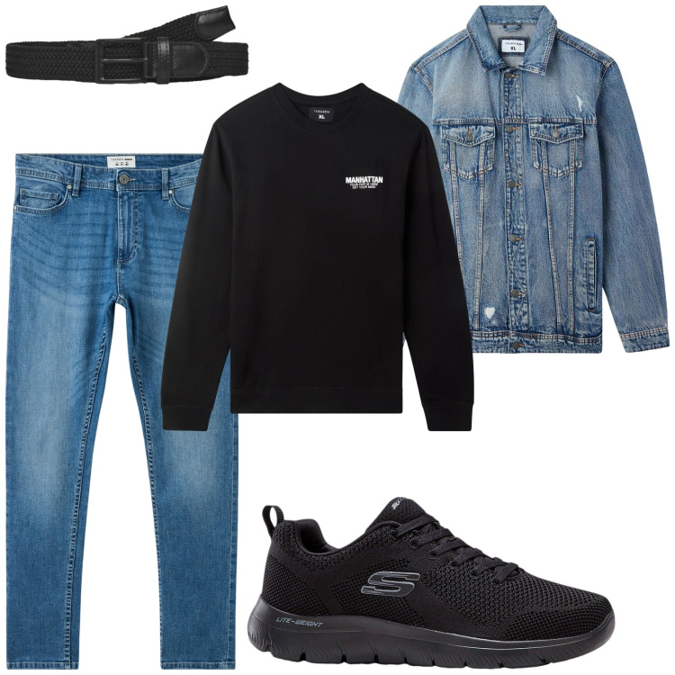 Outfit uomo - Total look #2251742. Stile Casual per Tutti i giorni. Abbinamento con sneakers, felpe, jeans skinny, giacche, cinture.