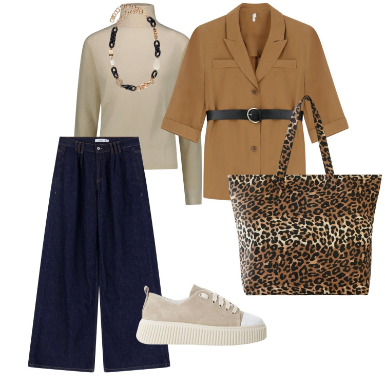 Outfit donna - Passeggiata in centro la domenica. per Tutti i giorni. Abbinamento con shopping bag, jeans, sneakers, blazer, pullovers, collane.