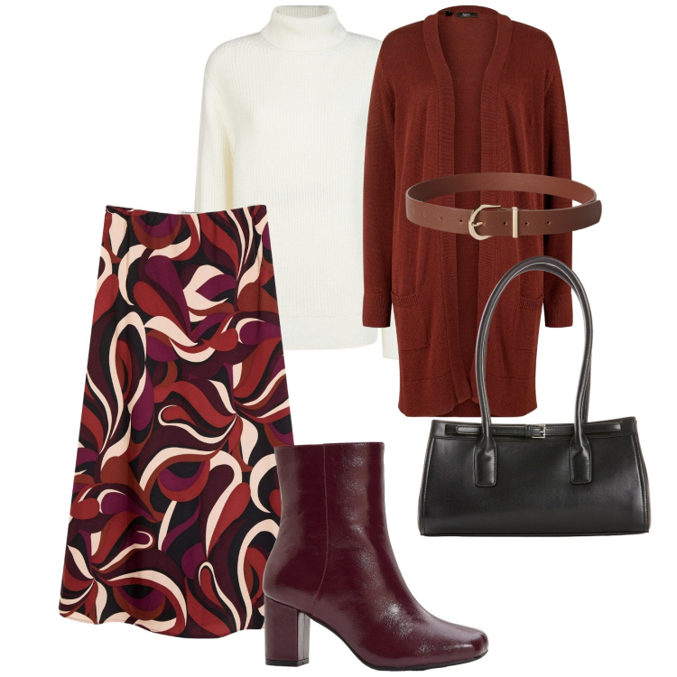 Outfit donna - Passeggiata in centro la domenica. per Tutti i giorni. Abbinamento con cardigans, borse a mano, stivaletti, gonne longuette, cinture, maglieria.