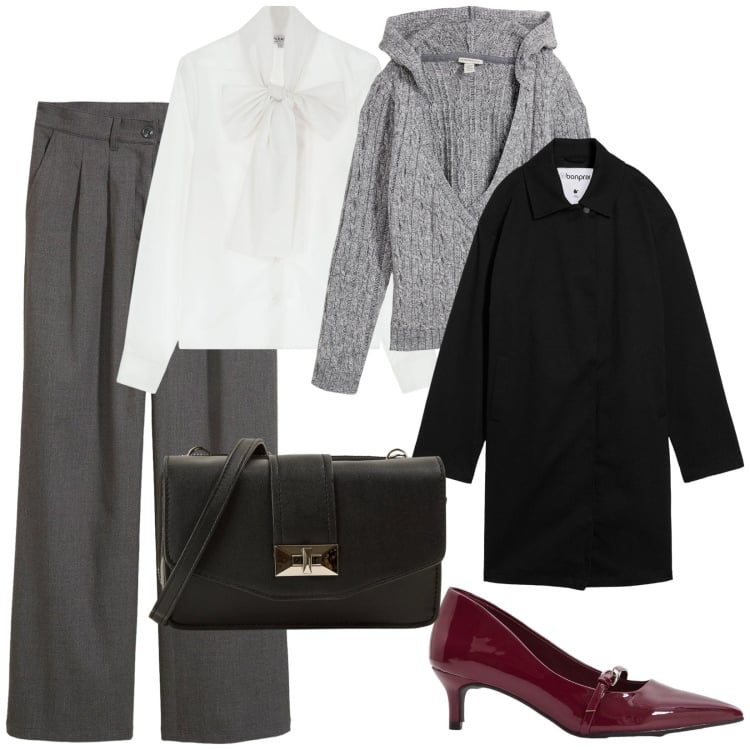 Outfit donna - Il ritorno del grigio. per Ufficio. Abbinamento con pullovers, décolleté, trench, pantaloni a palazzo, borse a tracolla, camicie.