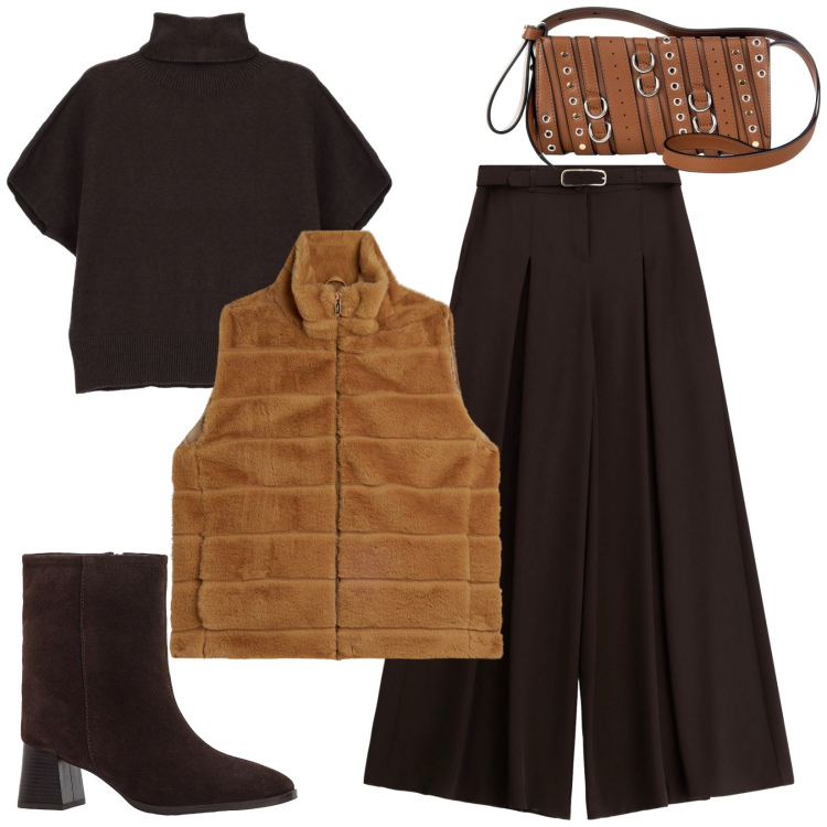 Outfit donna - Domenica senza pensieri. Stile Casual chic per Tutti i giorni. Abbinamento con stivaletti, borse a spalla, pantaloni, maglieria, gilet.