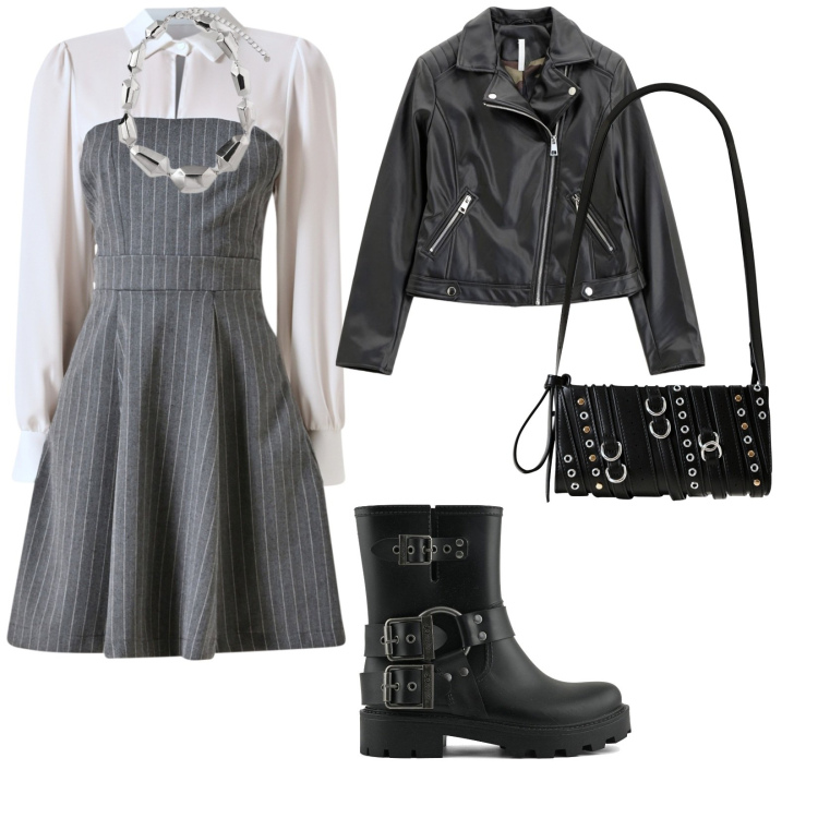 Outfit donna - Il ritorno del grigio. per Serata fuori. Abbinamento con vestiti corti, borse a spalla, blazer, stivali, ciondoli.