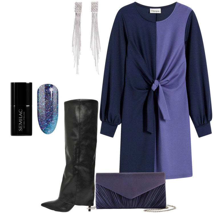 Outfit donna - Abito stiloso che veste magnificamente. Stile Chic per Serata fuori. Abbinamento con orecchini, pochette, vestiti corti, smalti, stivali.