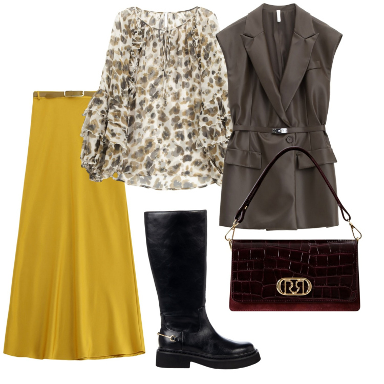 Outfit donna - Lunedì a lavoro. per Ufficio. Abbinamento con borse a mano, stivali sopra il ginocchio, gilet, camicie, gonne lunghe.