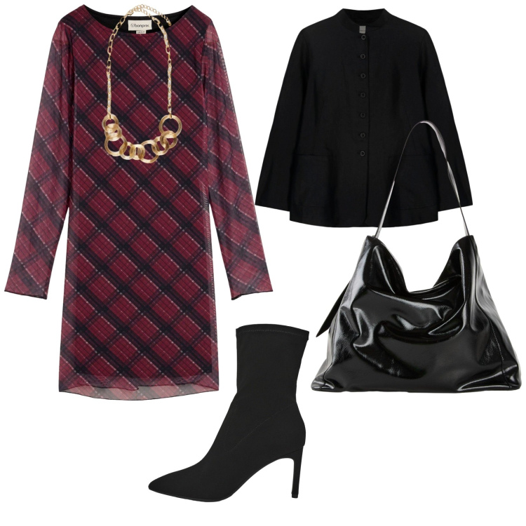 Outfit donna - Compleanno di luca. per Serata fuori. Abbinamento con shopping bag, vestiti corti, stivali, blazer, collane.