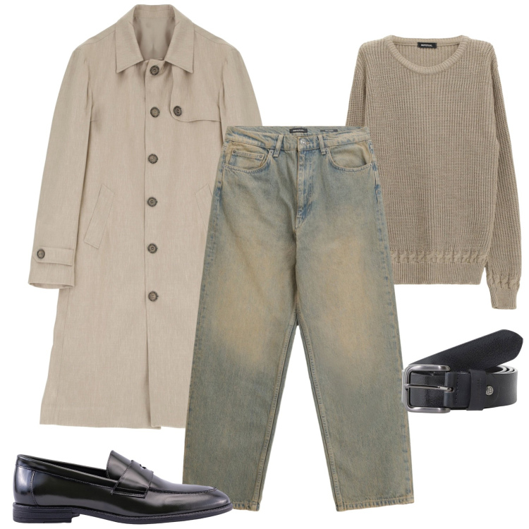 Outfit uomo - Il trench destrutturato. Stile Urban per Tutti i giorni. Abbinamento con trench, cinture, maglieria, jeans, scarpe stringate.