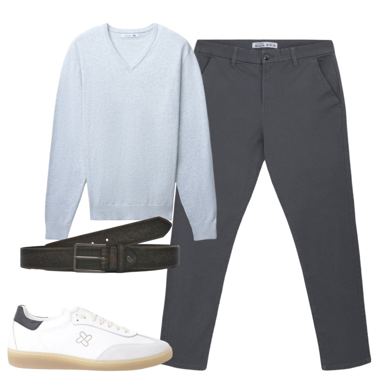 Outfit uomo - City. Stile Urban per Tutti i giorni. Abbinamento con pantaloni chino, cinture, maglieria, sneakers.